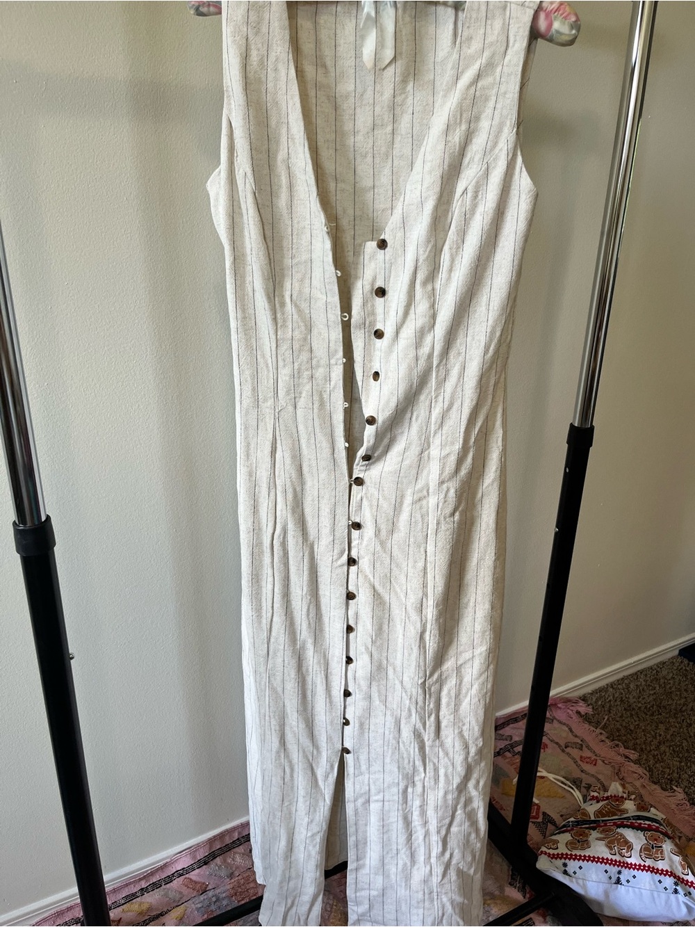 Linen-Blend Button-Front Maxi Dress in Natural Stripe
